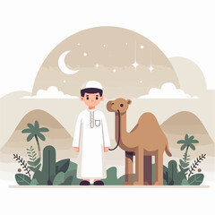 Poster - Eid Al Adha Illustrations. Muslims Prepare Livestock to Be Sacrificed. People Celebrate Eid Al Adha