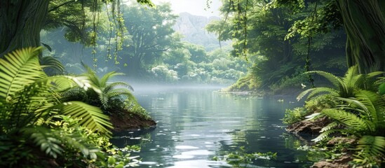 Wall Mural - A picturesque nature scene featuring lush greenery with trees leaves and a river in the background ideal for outdoor enthusiasts perfect for a copy space image
