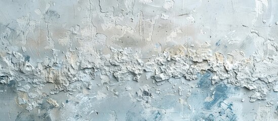 Sticker - Close up of a textured stucco wall with white and blue hues creating a weathered and aged aesthetic suitable as a backdrop with copy space image