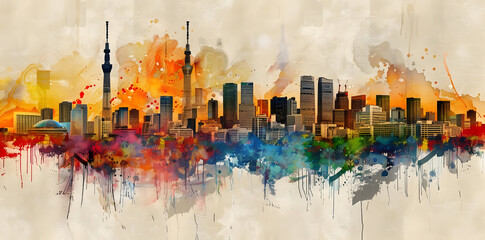 Canvas Print - Tokyo Skyline Watercolor Illustration