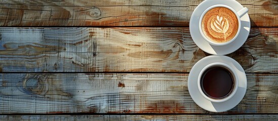 Canvas Print - Top view of two coffee cups one with Americano and the other with espresso displayed on a wooden table with ample copy space image