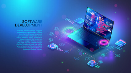 Leinwandbilder - Software, web development, programming concept. Programming languages, program code on screen laptop. Laptop, computer icons. Technology of Software development, programming, coding on laptop.