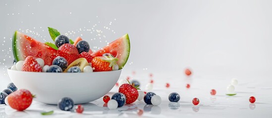 Sticker - Fresh fruit salad with tapioca pearls featuring watermelon strawberry blueberry and bubble tea balls on a white table with a background perfect for a copy space image