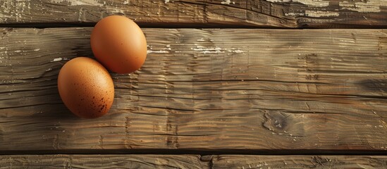 Sticker - Wooden surface with two farm fresh eggs for text in a copy space image