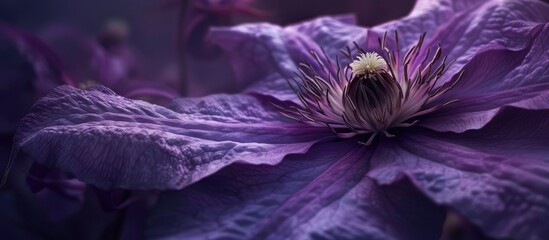 Poster - Macro close up shot of a dark lilac Clematis flower in a garden with copy space belonging to the Ranunculus family