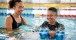 © peopleimages.com - Dumbbell, training and mature woman in swimming pool for exercise, healthy body and strong muscle. Therapist, water and aerobics class for fitness, physiotherapy or rehabilitation of senior person