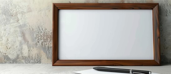 Wall Mural - Beautiful wooden picture frame with an office symbol set on a white paper background with a black pen nearby Business focused with copy space image