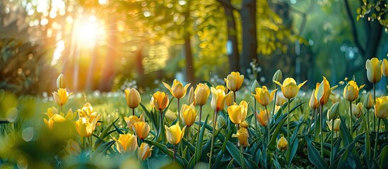 Wall Mural - Yellow tulips blooming in the park creating a serene and colorful ambiance against a backdrop of greenery ideal for a copy space image