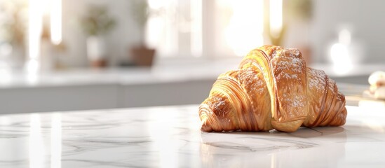 Sticker - Almond croissant pastry displayed on a white table in a bright mood style ideal for recipes articles catalogs or commercial use with a copy space image