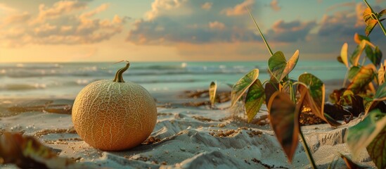 Wall Mural - Cantaloupe on the beach with Halloween theme in a copy space image