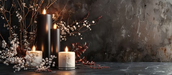 Canvas Print - Dried flowers and burning candles arranged against a dark wall create an elegant ambiance in the copy space image