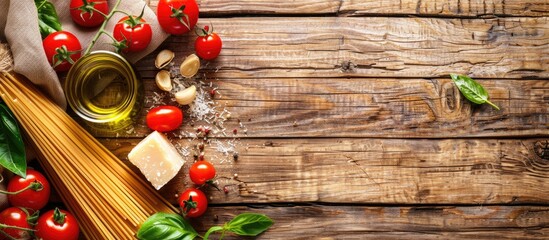 Poster - Italian spaghetti pasta ingredients including tomato Parmesan cheese olive oil fettuccine and basil arranged on a wooden table for a homemade Italian recipe seen from a top down perspective with copy