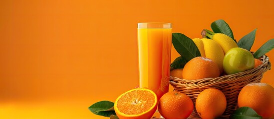 Poster - Orange juice glass with fresh fruit in a basket on an orange backdrop featuring copy space image