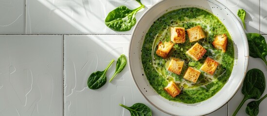 Poster - White tiled table showcasing a delectable spinach cream soup with croutons in a flat lay composition leaving room for text in the copy space image