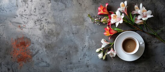 Canvas Print - Flowers and coffee displayed on a concrete surface with a copy space image