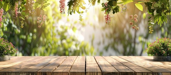 Poster - Garden themed wooden table with a blurry garden background featuring hanging shrubs creates a natural and picturesque garden ambiance perfect for a copy space image