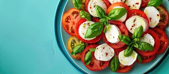 Sticker - Top view of a Caprese salad creatively arranged on a blue plate to mimic the colors of the Italian flag great for copy space image