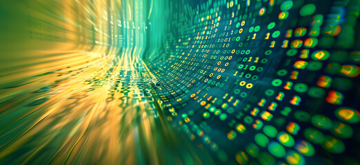Flowing stream of binary code in green and yellow hues, representing data transfer and technology