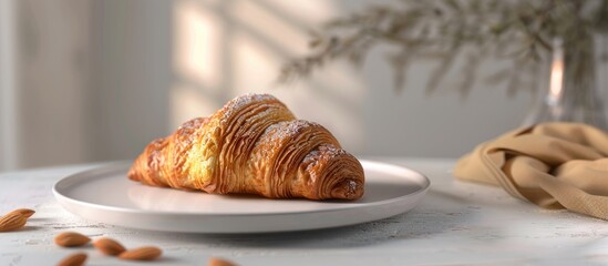 Sticker - Almond croissant pastry displayed on a white table in a bright mood style ideal for recipes articles catalogs or commercial use with a copy space image