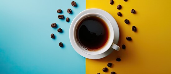 Wall Mural - A coffee cup with black coffee sits on a white surface with coffee beans scattered on a vibrant yellow and blue backdrop creating a vivid copy space image in top view