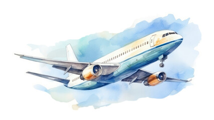 Sticker - PNG watercolor illustration of travel, journey, plane, isolated on a white paper background, isolated --ar 3:2