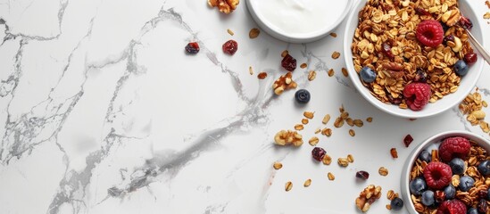 Sticker - Delicious granola with various fruits nuts and yogurt on a white marble surface Creative banner layout with room for text next to a visually appealing copy space image