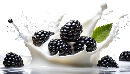  fresh blackberries splashing into creamy milk isolated on white 