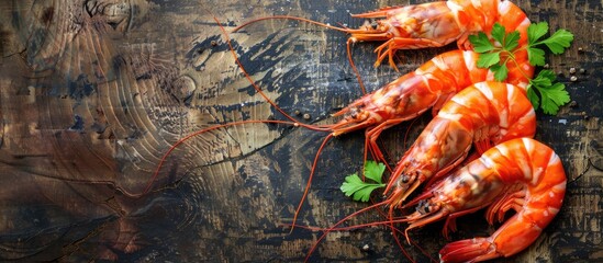 Fresh shrimp on a rustic table with copy space image of natural prawns ideal for a keto or paleo diet pescetarian or vegetarian meal or appetizer