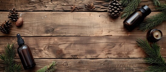 Wall Mural - Top view of professional herbal hair care products displayed on a wooden surface with copy space image