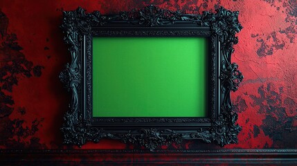 Isolated on white background Illustration style of a luxurious ornate gold frame on a wall with a green screen inside, more clarity with clear light and sharp focus, super detailed