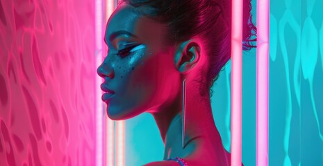 Wall Mural - Futuristic Neon Portrait of a Young Woman with Glitter Makeup