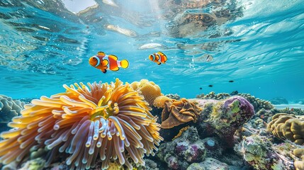 clown fish on an anemone underwater reef in the tropical ocean 