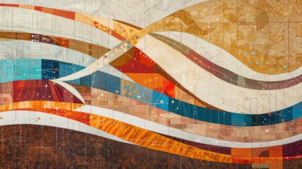 Wall Mural - The curved lines, in shades of white, red, orange, and blue. Abstract background