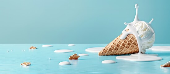 Sticker - Light blue background with a melted ice cream cone and wafer offering copy space image