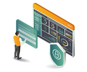 A man observing a monitor displaying a security dashboard with data analytics