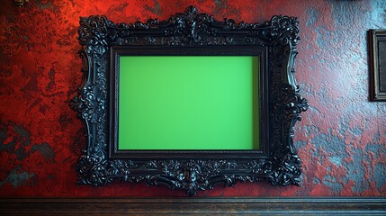 Isolated on white background Illustration style of a luxurious ornate gold frame on a wall with a green screen inside, more clarity with clear light and sharp focus, super detailed