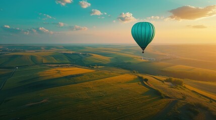 Canvas Print - Colorful Teal Balloon in Sky Over Green Farmland