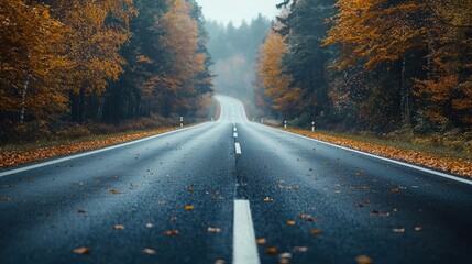 Canvas Print - An empty highway passing through a dense forest with autumn leaves falling, creating a serene and picturesque scene