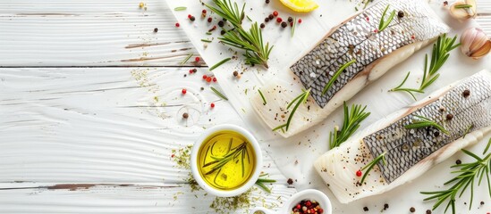 Poster - Closeup of raw cod fish with rosemary and spices on white wooden table providing copy space image