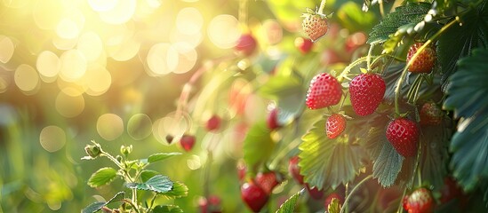 Poster - Sunlit garden with wild strawberries providing a picturesque scene with a copy space image