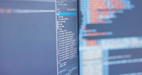 Fototapete - Computer screen, programming and coding for software development, analysis and server. Empty, database and technology with research, it system and cyber security with digital password or website info