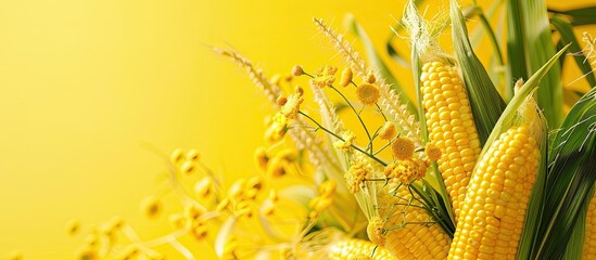 Sticker - A vibrant yellow backdrop complements a copy space image featuring freshly picked corn