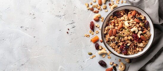 Poster - A banner design featuring homemade granola with nuts and dried fruits on a white table leaving room for text in a copy space image