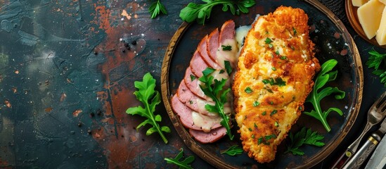 Poster - A rustic top view of a fresh meal featuring a chicken cordon bleu cutlet with ham and cheese is displayed on a table with copy space image