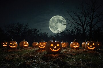 Wall Mural - Halloween pumpkins under the moonlight