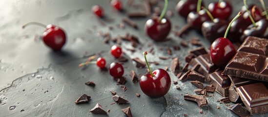 Poster - Close up of fresh cherries paired with dark chocolate on a textured grey table with room for text beside the image. Copy space image. Place for adding text and design