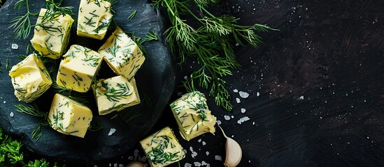 Sticker - A savory butter infused with dill parsley and garlic displayed on a black background in a top view copy space image