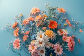 Vibrant floral arrangement with mixed blossoms on a blue background.