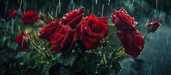 Poster - A bouquet of red roses in a garden showered by rain captured in a dramatic copy space image embodying the concept of love with a gothic feel enhancing the natural beauty and fragrance of the scene