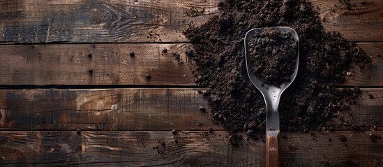 Poster - Top view of a metal shovel with soil displayed on a wooden table with space for text in the image. Copy space image. Place for adding text and design